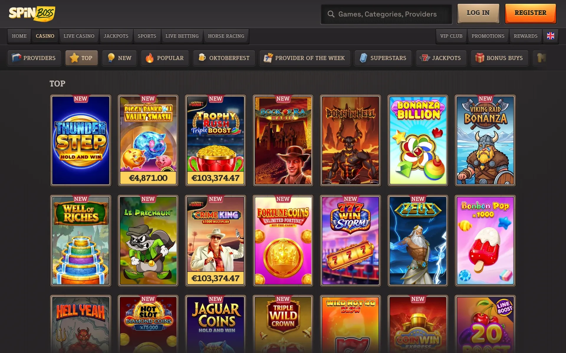 SpinBoss slot lobby with game tiles and category filters