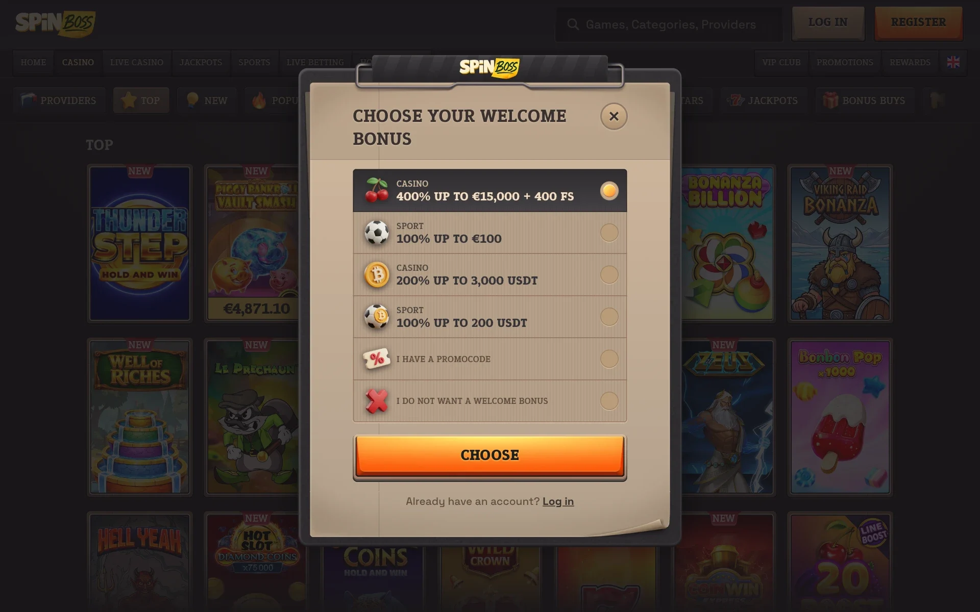 SpinBoss sign-in panel over the game lobby